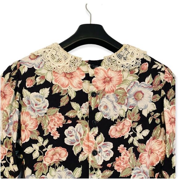 Vintage Petite Lanz Black Floral Lace Collar Dress w/ Pockets Size 6 - Picture 4 of 7
